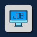 Filled outline Search job icon isolated on blue background. Recruitment or selection concept. Human resource and