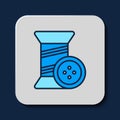 Filled outline Sewing thread on spool and button icon isolated on blue background. Yarn spool. Thread bobbin. Vector Royalty Free Stock Photo