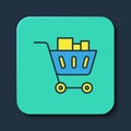 Filled outline Shopping cart and food icon isolated on blue background. Food store, supermarket. Turquoise square button Royalty Free Stock Photo