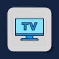 Filled outline Smart Tv icon isolated on blue background. Television sign. Vector