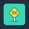 Filled outline Speed limit traffic sign 100 km icon isolated on blue background. Turquoise square button. Vector