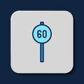 Filled outline Speed limit traffic sign 60 km icon isolated on blue background. Vector