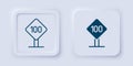 Filled and outline Speed limit traffic sign 100 km icon isolated on grey background. Square button. Vector