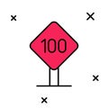 Filled outline Speed limit traffic sign 100 km icon isolated on white background. Vector