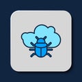 Filled outline System bug on a cloud icon isolated on blue background. Cloud computing design concept. Digital network
