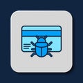 Filled outline System bug in credit card icon isolated on blue background. Code bug concept. Bug in the system. Bug