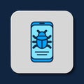 Filled outline System bug on mobile icon isolated on blue background. Code bug concept. Bug in the system. Bug searching