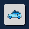 Filled outline Taxi car icon isolated on blue background. Vector