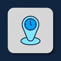 Filled outline Time zone clocks icon isolated on blue background. Vector