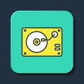 Filled outline Vinyl player with a vinyl disk icon isolated on blue background. Turquoise square button. Vector