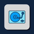 Filled outline Vinyl player with a vinyl disk icon isolated on blue background. Vector