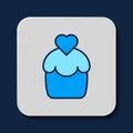 Filled outline Wedding cake with heart icon isolated on blue background. Happy Valentines day. Vector