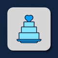 Filled outline Wedding cake with heart icon isolated on blue background. Vector