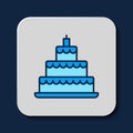 Filled outline Wedding cake icon isolated on blue background. Vector