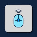 Filled outline Wireless computer mouse icon isolated on blue background. Optical with wheel symbol. Vector