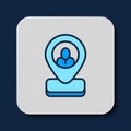 Filled outline Worker location icon isolated on blue background. Vector