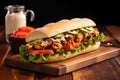 filled oyster poboy sandwich on a rustic wooden board