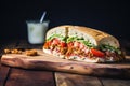 filled oyster poboy sandwich on a rustic wooden board