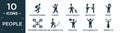 filled people icon set. contain flat backpacker running, dancers, elegant man with suitcase, meeting date, pierrot, networking