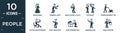 filled people icon set. contain flat bride dress, criminal heist, man playing a flute, occupant, person mowing the grass, sitting