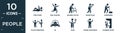 filled people icon set. contain flat iying down, girl dancing, rehabilitation, monocular, garderner, police arresting man, in,