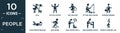 filled people icon set. contain flat null, boy kid avatar, girl walking, sitting man fishing, worker running, lying person reading