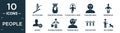 filled people icon set. contain flat ski stick man, graduating woman, playing with a rope, confused smile, bridesmaids, recruit,