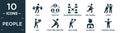 filled people icon set. contain flat steal, relation, businessmen hierarchy, girl running, gossip, null, stretching exercises,