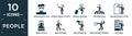 filled people icon set. contain flat teenager with sun glasses, woman taking a photo, woman carrying, crossing road, man knocking