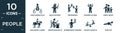 filled people icon set. contain flat user sharing files, ninja portrait, preferences, standing up man, family group, man riding a