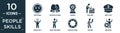 filled people skills icon set. contain flat emotions, boxing gloves, award, builder, navy hat, creativity, body building, rescue