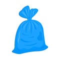 Filled plastic garbage bag isolated on white background. Blue pack with trash. Tied rubbish package. Vector cartoon