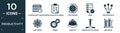 filled productivity icon set. contain flat calendar with deadlines, task page with marks, time passing, done, time hierarchy, gun Royalty Free Stock Photo