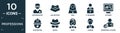 filled professions icon set. contain flat orthodontist, air hostess, nun, it manager, actuary, electrician, mafia, maid, lawyer, Royalty Free Stock Photo