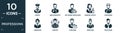 filled professions icon set. contain flat pirate, orthodontist, software developer, makeup artist, concierge, librarian, hunter,