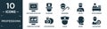 filled professions icon set. contain flat software developer, showman, pensioner, driver, office worker, computer systems analyst