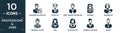 filled professions & jobs icon set. contain flat information security analyst, scientist, wind turbine technician, bouncer,