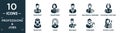 filled professions & jobs icon set. contain flat podiatrist, seamstress, president, mechanical engineer, physician assistant,