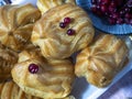 Filled profiteroles and lingonberries on a delicious background with dessert. Berries on a plate.