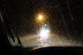 Filled with rain windshield of the car, poor visibiliy at night Royalty Free Stock Photo