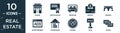 filled real estate icon set. contain flat facade, certification, bedroom, deposit, bridges, advertisement, storehouse, houses,