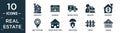 filled real estate icon set. contain flat house key, mansion, moving truck, realtor, property, map location, house front view, Royalty Free Stock Photo