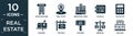 filled real estate icon set. contain flat office building, real state, industrial park, catalog, calculate, mailbox, for sale, for