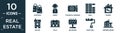 filled real estate icon set. contain flat shopping, agent, technical drawing, wall, tenant, duplex, villa, billboard, paint roll,