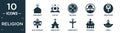 filled religion icon set. contain flat abrahamic, cao dai, religion, calvary, gnosticism, holy elephant, monastery, christianity,