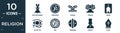 filled religion icon set. contain flat easter bunny, hinduism, quran, koran, jihad, eye of ra, om, animism, priest, pope icons in