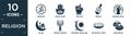 filled religion icon set. contain flat hinduism, hamsa hand, one god, dreidel, burning bush, islam, jewish candles, crescent moon