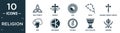 filled religion icon set. contain flat holy trinity, heresy, zen, bead, aaronic order church, god, eckankar, chi rho, holy chalice