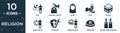 filled religion icon set. contain flat isha, sadaqah charity, hijab, vigil, kaaba, zuhr prayer, crusade, subah prayer, yarmulke,