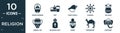 filled religion icon set. contain flat jewish incense, diet, conch shell, dharma, kalasha, manna jar, religious salt, rabbi, Royalty Free Stock Photo